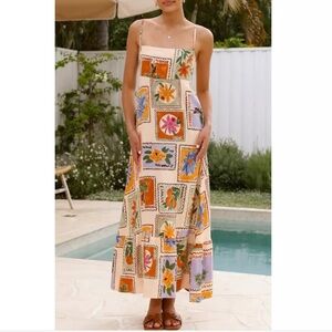 Paper Heart Anthropologie Multicolor Floral Stamps Linen Blend Boho Maxi Dress
